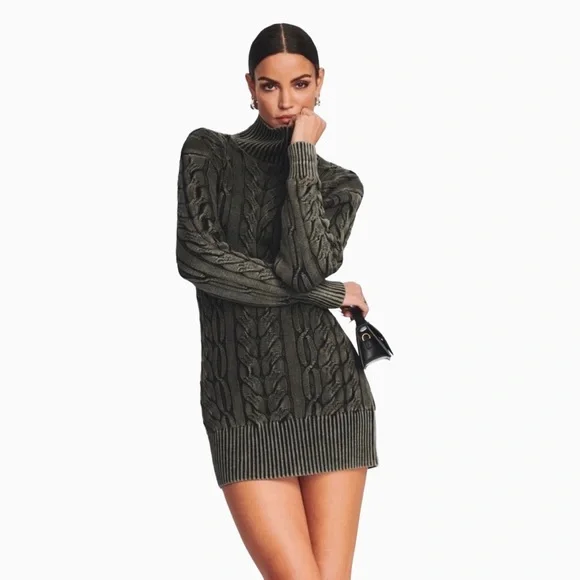 SER.O.YA Storme Cable Knit Sweater Dress XS Charcoal Gray Turtleneck Mini